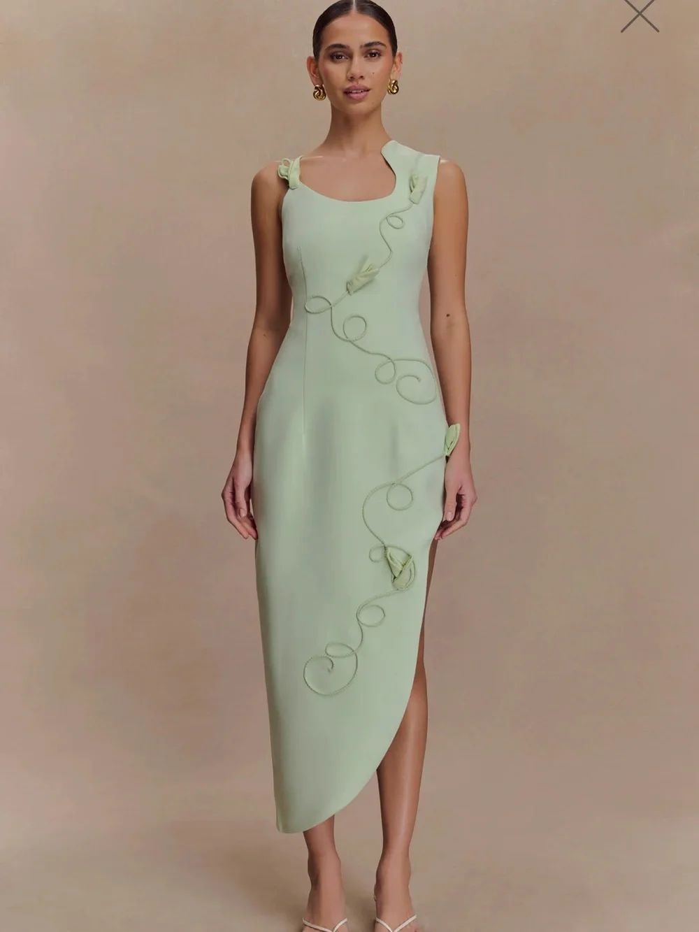 Meshki Light Sage Midi Dress with Vine Appliqué